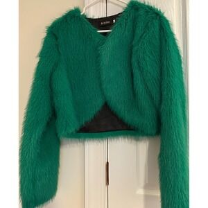AIXIRUI Womens Emerald Green Faux Fur Cropped Jacket Open Front‎ Bolero Shaggy M